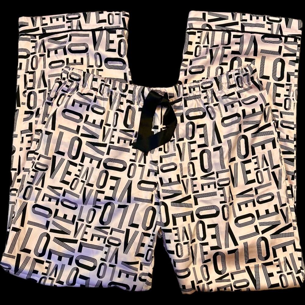 EUC Victoria’s Secret Light Pink Satin with Black Logo Sleep Pajama Pants Size L